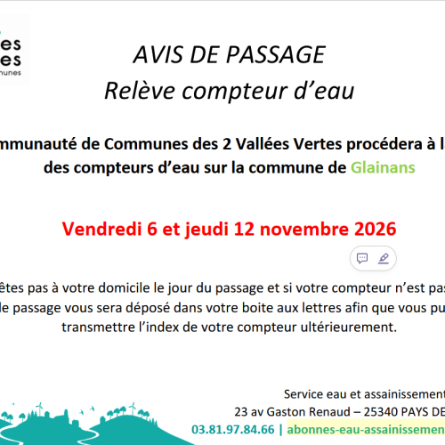 Photo : INFORMATION – RELÈVE DES COMPTEURS D’EAU